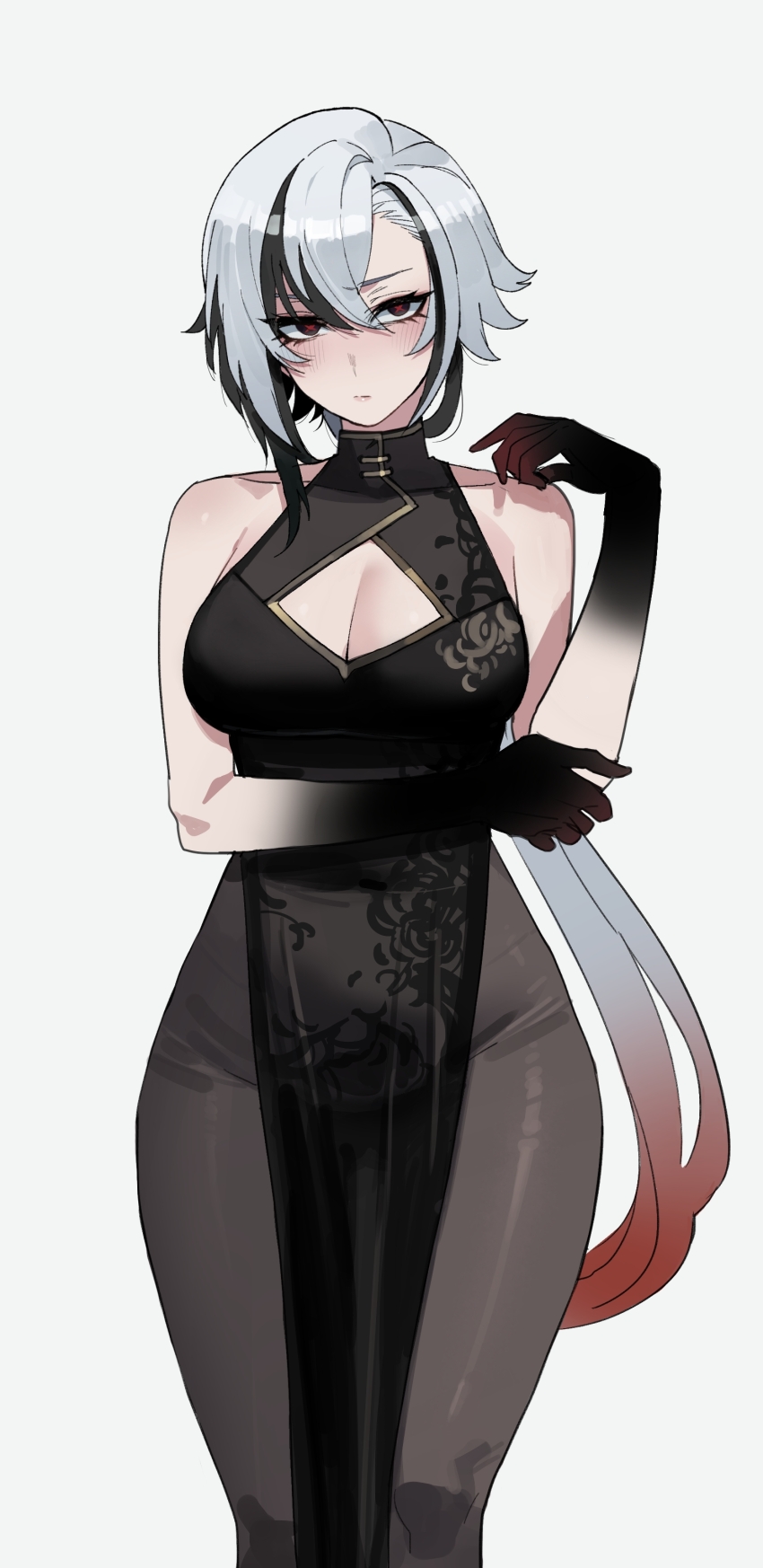 1girl absurdres alternate_costume arlecchino_(genshin_impact) bare_shoulders black_dress black_eyes black_hair black_hands black_pantyhose blush breasts cleavage cleavage_cutout closed_mouth clothing_cutout colored_extremities dress genshin_impact gradient_hair hand_up highres large_breasts long_hair looking_at_viewer multicolored_hair pantyhose pelvic_curtain ratatatat74 red_hair solo standing streaked_hair symbol-shaped_pupils thighs white_hair x-shaped_pupils