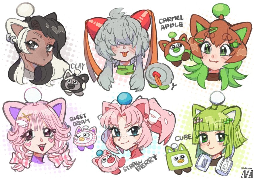 6+girls animal_ears antennae black_hair blunt_bangs blush brown_hair character_name closed_mouth commentary cropped_shoulders dark-skinned_female dark_skin ear_piercing english_commentary facial_mark freckles green_eyes green_hair grey_hair hair_ornament hair_over_eyes hairclip heart heart_facial_mark highres itemlabel long_hair m516 multicolored_hair multiple_girls open_mouth oui_oui personification piercing pink_hair ponytail short_hair simple_background tongue tongue_out twitter_username white_hair wing_hair_ornament x_hair_ornament