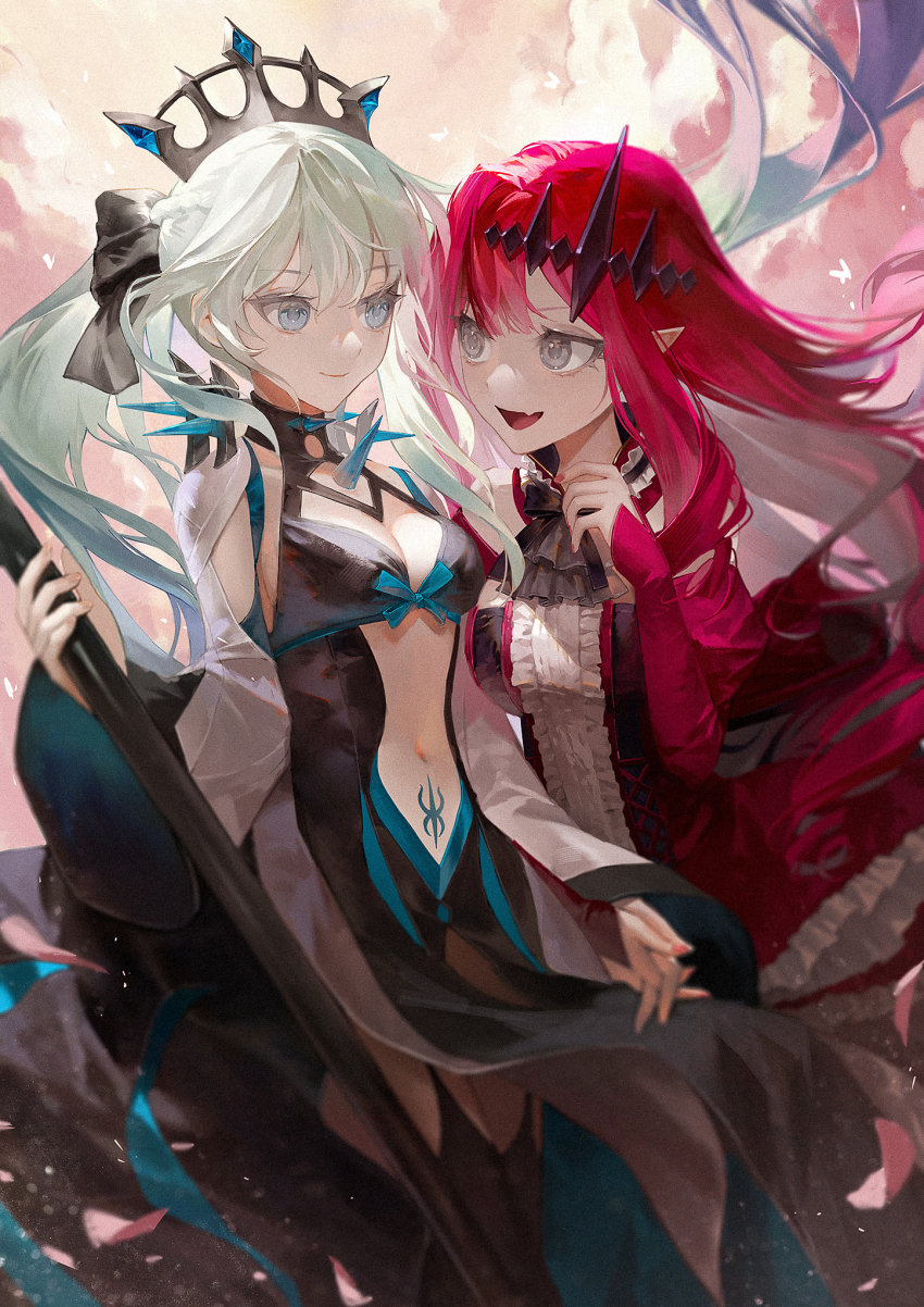 2girls baobhan_sith_(fate) baobhan_sith_(first_ascension)_(fate) bare_shoulders black_bow black_dress black_thighhighs blue_eyes bow braid breasts center_frills center_opening cleavage daeraeband detached_collar detached_sleeves dress earrings fate/grand_order fate_(series) frills grey_eyes grey_hair hair_bow highres jewelry large_breasts long_hair long_sleeves morgan_le_fay_(fate) multiple_girls navel open_mouth pelvic_curtain pink_hair pointy_ears ponytail red_dress sidelocks smile spikes stomach_tattoo tattoo thighhighs tiara two-tone_dress very_long_hair white_dress wide_sleeves