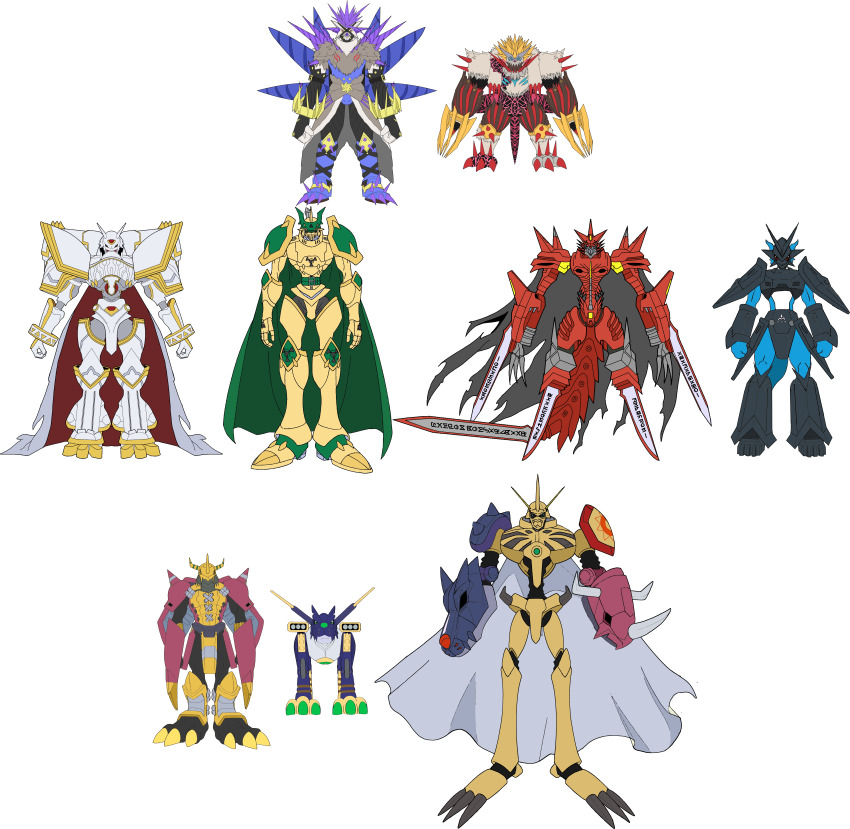 absurdres alphamon alphamon_(battle_park) cape claws corruption crests_(digimon) digimon digimon_(creature) digimon_rearise dukemon dukemon_(battle_park) highres jesmon jesmon_(anniversary_ver.) lance magnamon magnamon_(battle_park) metalgarurumon metalgarurumon_(story_climax_anniversary_ver.) omegamon omegamon_(battle_park) polearm rasenmon rasenmon_(anniversary_ver.) rasenmon_fury_mode rasenmon_fury_mode_(anniversary_ver.) shield simple_background tentacles wargreymon wargreymon_(story_climax_anniversary_ver.) weapon white_background