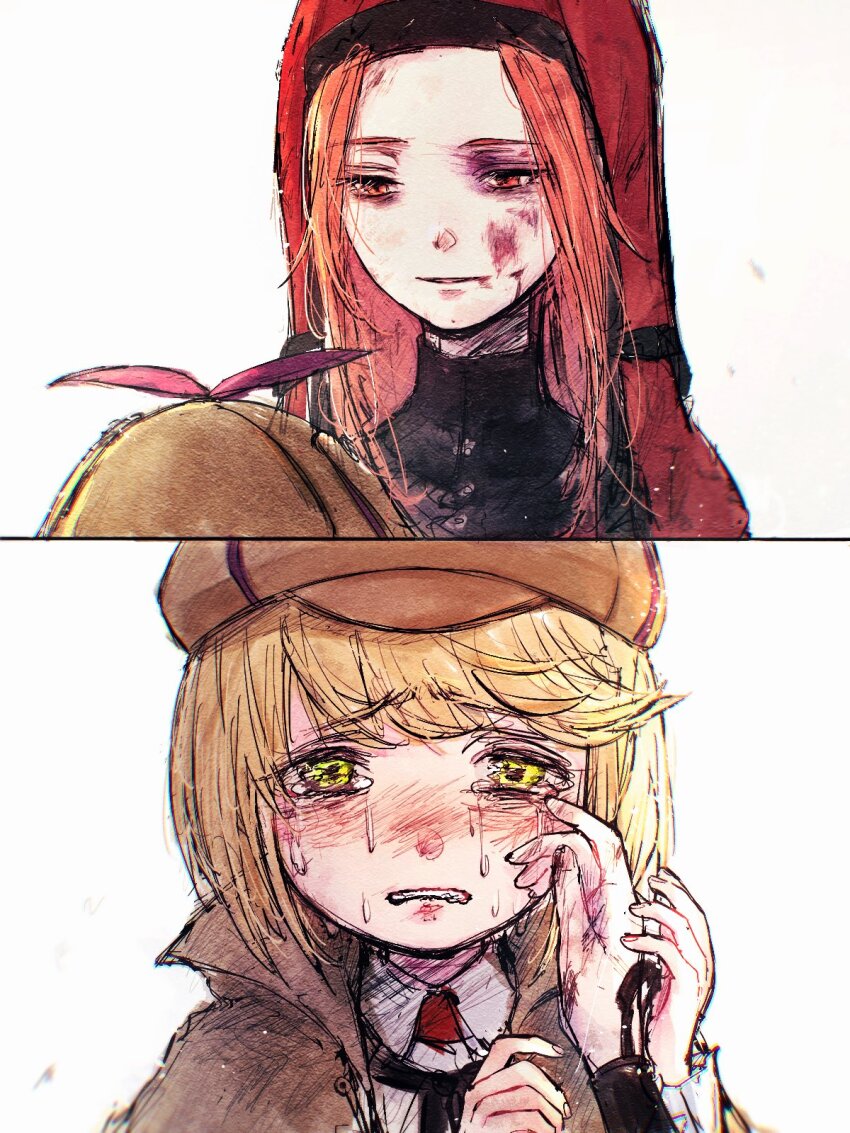 2girls blonde_hair blood blood_on_face brown_capelet capelet crying deerstalker hat heaven_burns_red highres irene_redmayne kulfiq maria_de_angelis multiple_girls nun parted_bangs red_eyes red_hair short_hair tears veil wiping_tears yellow_eyes yuri