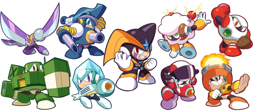 6+boys arm_cannon baseball_glove bass_(mega_man) blade_man capcom chill_man commando_man kin_niku male_focus mega_man:_powered_up mega_man_(classic) mega_man_(series) mega_man_10 multiple_boys nitro_man pump_man robot sheep_man simple_background solar_man strike_man weapon white_background