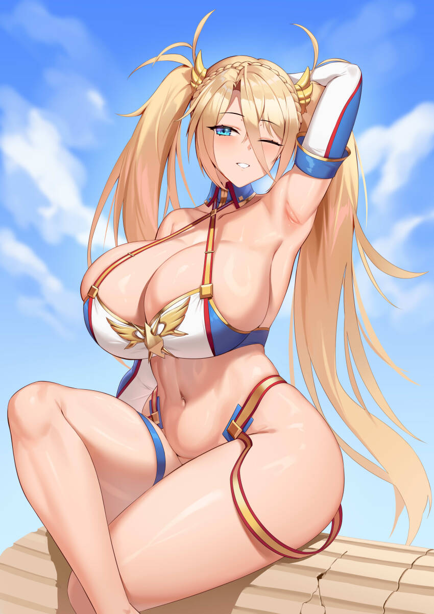 1girl absurdres arm_up armpit_crease armpit_focus armpits bare_shoulders bikini blonde_hair blue_bikini blue_eyes blue_gloves blue_sky blush bradamante_(fate) bradamante_(third_ascension)_(fate) braid breasts cleavage crossed_bangs crown_braid curvy day elbow_gloves fate/grand_order fate_(series) gloves gold_trim grin hair_between_eyes highleg highleg_bikini highres huge_breasts jingb_dx long_hair looking_at_viewer multicolored_bikini navel one_eye_closed sitting sky smile solo stomach swimsuit thick_thighs thighs twintails two-tone_bikini two-tone_gloves very_long_hair white_bikini white_gloves wide_hips