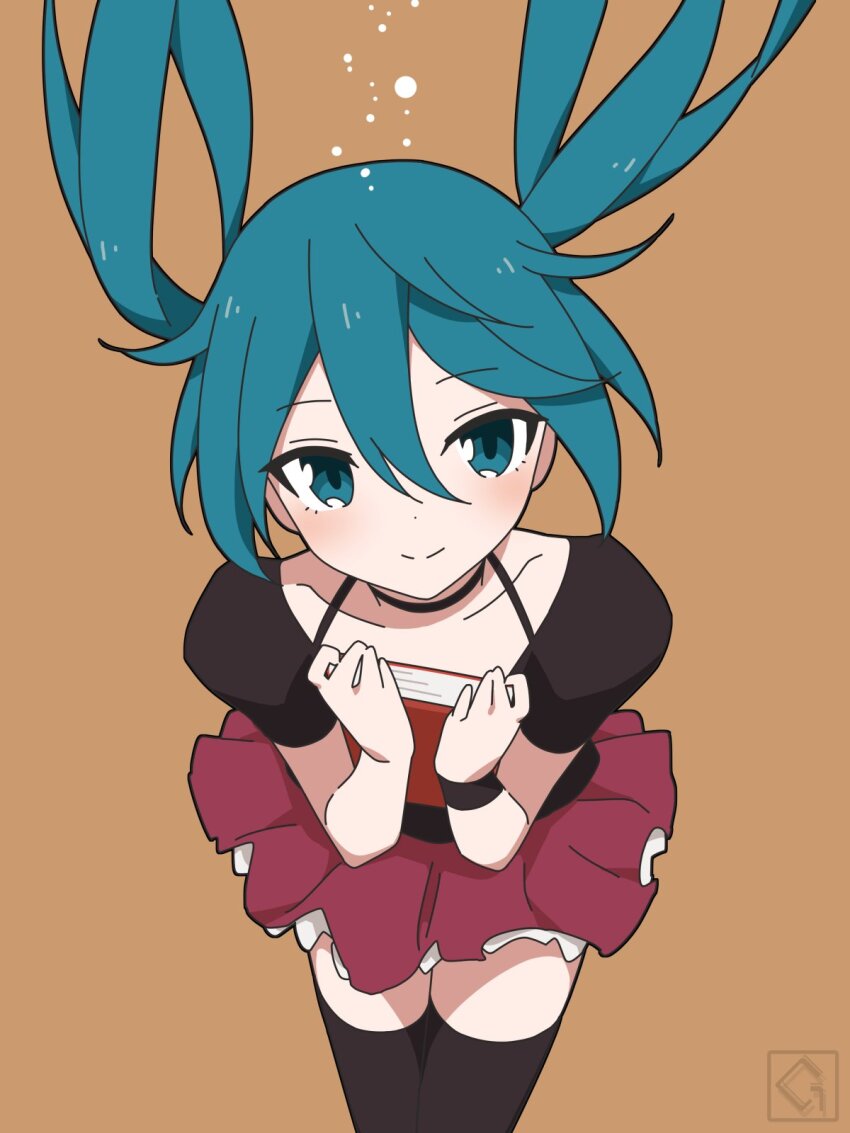 1/6_-out_of_the_gravity-_(vocaloid) 1girl blue_eyes blue_hair blush book bracelet brown_background commentary_request floating_hair giryu halterneck hatsune_miku highres holding holding_book jewelry long_hair looking_to_the_side short_sleeves skirt smile solo thighhighs twintails vocaloid