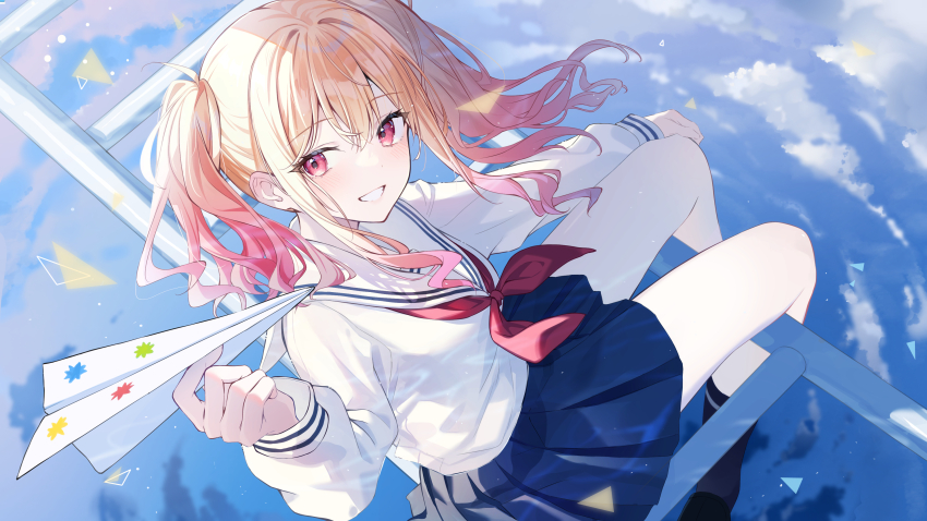 1girl absurdres black_shoes blonde_hair blue_skirt blue_sky blush cloud day grin hair_between_eyes highres holding holding_paper_airplane kneehighs loafers long_hair long_sleeves looking_at_viewer miniskirt multicolored_hair neckerchief outdoors paper_airplane pink_eyes pink_hair pleated_skirt project_sekai red_neckerchief sailor_collar school_uniform serafuku shirt shoes sidelocks sitting skirt sky smile socks solo tenma_saki timmoo two-tone_hair two_side_up white_shirt