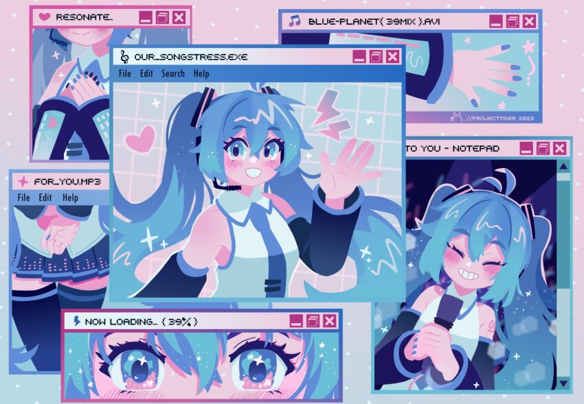 1girl ^v^ blue_eyes blue_hair computer_chip computer_fan detached_sleeves dress english_text flat_color hair_between_eyes hand_up hatsune_miku heart icon_(computing) long_hair looking_at_viewer microphone monitor nail_polish necktie no_lineart ponytail projecttiger sleeveless sleeveless_dress solo tight_clothes very_long_hair vocaloid