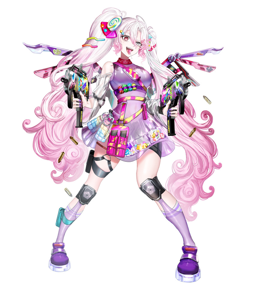 1girl :p absurdres ahoge breasts bullet candy detached_sleeves dress explosive food full_body gawako gradient_hair grenade grey_eyes grey_sleeves gun hair_between_eyes hair_ornament hairclip heterochromia highres holding holding_gun holding_weapon hysteria_eve lollipop lollipop_hair_ornament long_hair looking_at_viewer multicolored_hair official_art pink_eyes pink_hair purple_dress purple_shoes sharp_teeth shoes simple_background sleeveless sleeveless_dress socks solo specialite_(company) specialite_en standing star_(symbol) teeth tongue tongue_out transparent_background twintails upper_teeth_only very_long_hair virtual_youtuber weapon white_hair white_socks