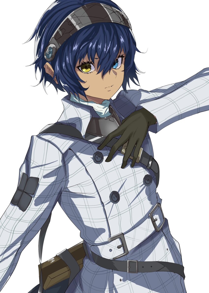 1boy belt belt_buckle black_gloves black_hairband blue_eyes blue_hair buckle buttons closed_mouth commentary_request gloves hair_between_eyes hairband heterochromia highres jacket long_sleeves looking_at_viewer male_focus metaphor:_refantazio protagonist_(metaphor:_refantazio) s-m-53413 simple_background solo white_background white_belt white_jacket yellow_eyes