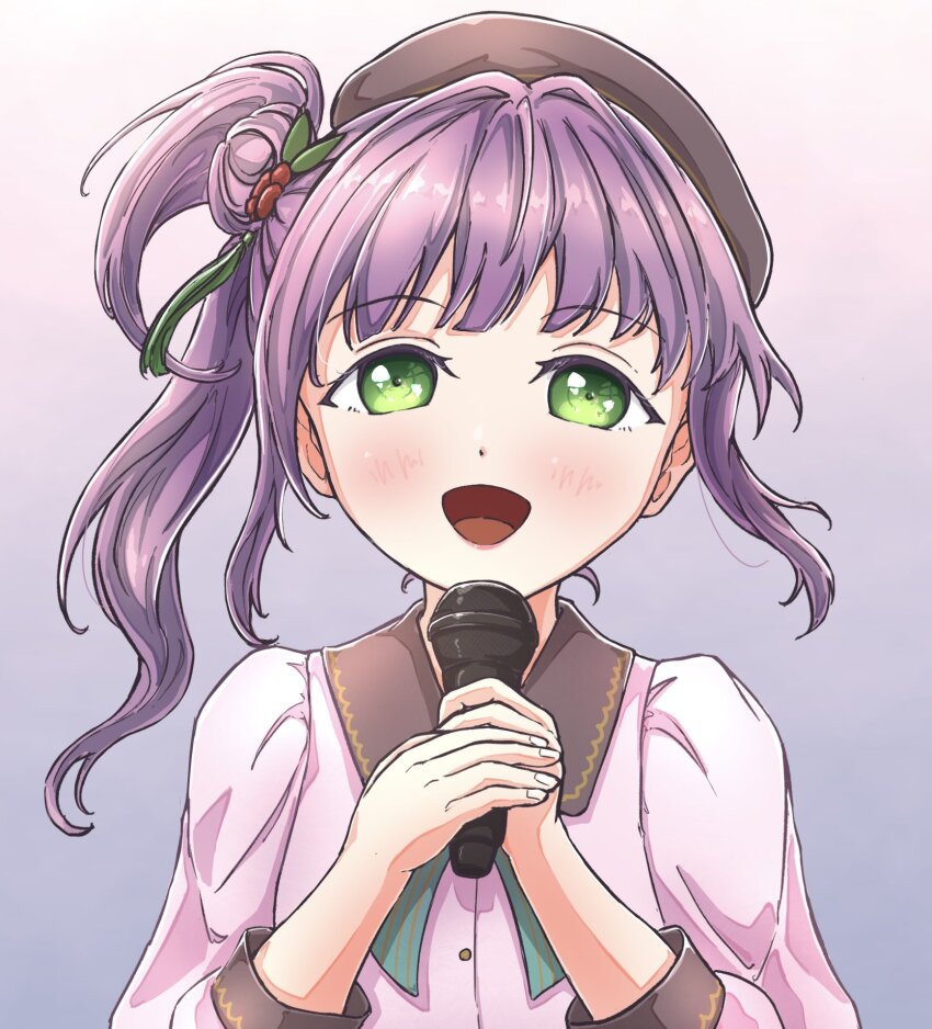 1girl :d blush commentary_request dream_believers dress flower gradient_background green_eyes green_ribbon grey_background hair_bun hair_flower hair_ornament hancho_1021 happy highres holding holding_microphone link!_like!_love_live! lone_nape_hair long_hair long_sleeves looking_at_viewer love_live! microphone neck_ribbon open_mouth otomune_kozue pink_dress pinstripe_ribbon purple_hair red_flower ribbon side_ponytail sidelocks simple_background single_side_bun smile solo tassel tassel_hair_ornament two-handed upper_body virtual_youtuber