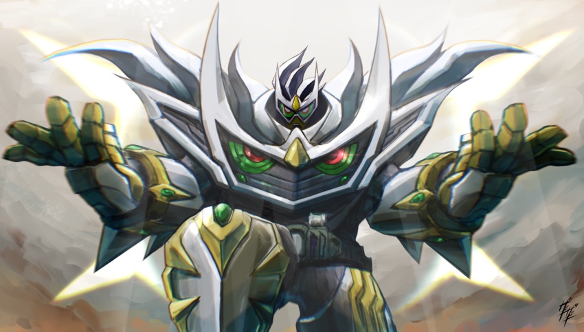 1boy arceus armor energy_wings fusion gen_4_pokemon god_maximum_gamer_level_billion green_eyes highres kamen_rider kamen_rider_ex-aid_(series) kamen_rider_genm legendary_pokemon multicolored_eyes mythical_pokemon nintendo outstretched_arms pokemon pokemon_(creature) power_armor red_eyes signature zagizagi