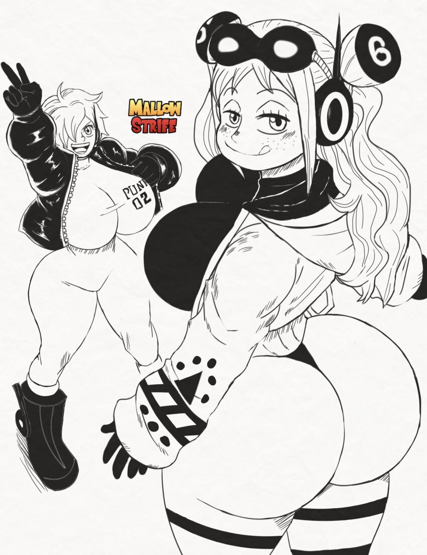 2girls artist_name ass bodysuit breasts freckles highres huge_ass jacket large_breasts licking_lips long_hair long_sleeves looking_at_viewer looking_back mallowstrife micro_panties monochrome multiple_girls numbered one_piece open_mouth panties revealing_clothes shirt short_hair sideboob simple_background size_difference skin_tight smile standing thick_thighs thighs thong tongue tongue_out underwear v vegapunk_lilith vegapunk_york white_background wide_hips