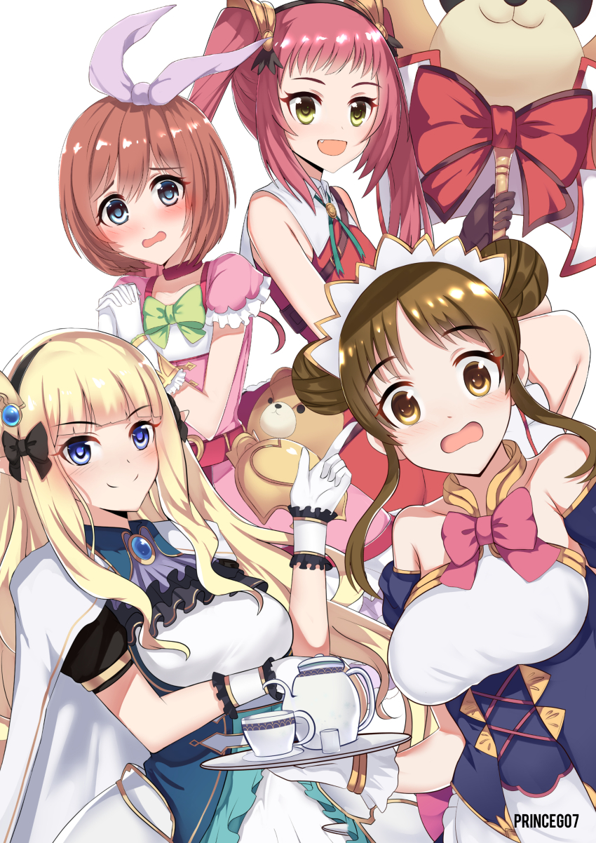 absurdres ayane_(princess_connect!) breasts cloak gloves hair_ornament hair_ribbon highres kurumi_(princess_connect!) princeg07 princess_connect! ribbon saren_(princess_connect!) sarendia_orphanage suzume_(princess_connect!) teapot