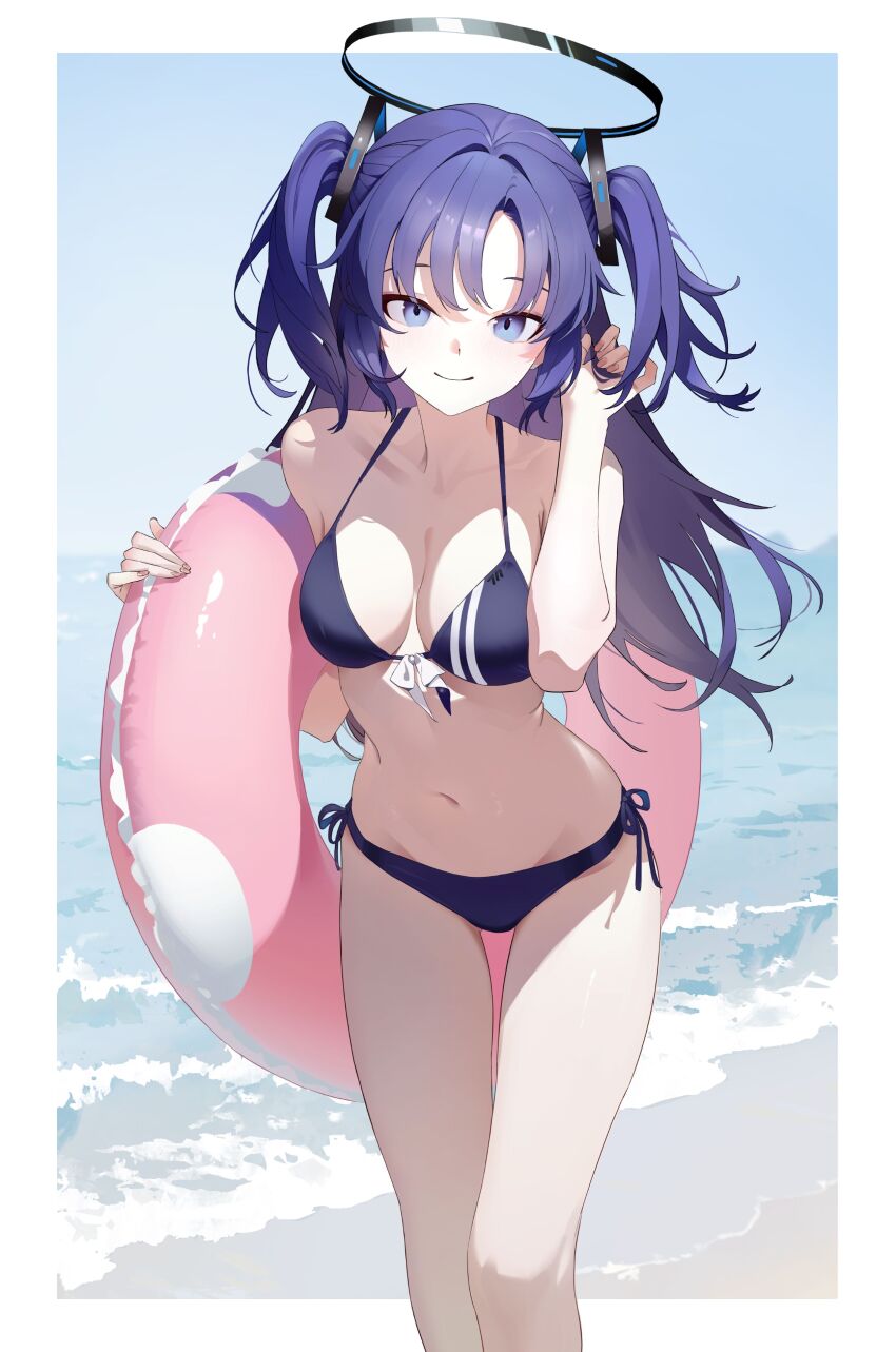 1girl absurdres alternate_costume beach bikini black_bikini blue_archive blue_sky breasts candy_man cloud commentary day english_commentary feet_out_of_frame halo highres horizon leaning_forward long_hair looking_at_viewer mechanical_halo medium_breasts navel ocean outdoors pink_innertube purple_eyes purple_hair side-tie_bikini_bottom sky solo standing stomach swimsuit two_side_up yuuka_(blue_archive)