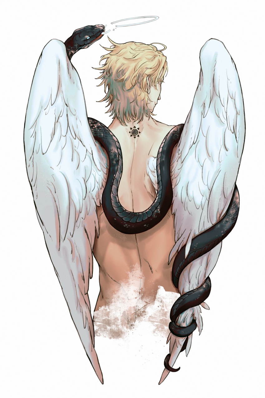 1boy absurdres angel_wings back back_tattoo blonde_hair broken_halo dawnharbour daybit_sem_void fate/grand_order fate_(series) feathered_wings halo highres nude snake solo tattoo wings