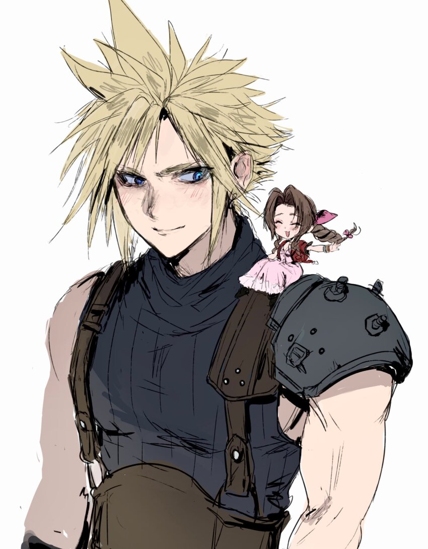 1boy 1girl aerith_gainsborough armor bangle belt blonde_hair blue_eyes blue_shirt bracelet braid braided_ponytail brown_belt brown_hair chibi closed_eyes closed_mouth cloud_strife cropped_jacket dress earrings final_fantasy final_fantasy_vii final_fantasy_vii_remake hair_ribbon highres jacket jewelry kuu_wii light_blush long_dress long_hair looking_at_another open_mouth parted_bangs pauldrons pink_dress pink_ribbon red_jacket ribbon shirt short_hair short_sleeves shoulder_armor sidelocks single_bare_shoulder single_braid single_earring single_pauldron sitting_on_shoulder sketch sleeveless sleeveless_turtleneck smile spiked_hair suspenders turtleneck upper_body white_background