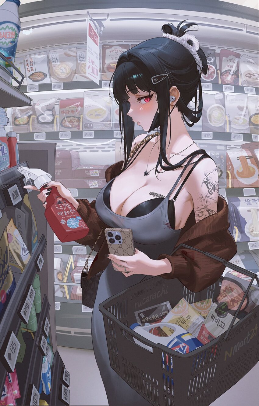 1girl arm_tattoo artist_name bag barcode barcode_tattoo bare_shoulders black_bra black_hair black_mask black_nails bottle bra bra_peek bra_strap breast_tattoo breasts brown_cardigan butterfly_tattoo cardigan cleavage commentary d_(killer_wife)_(nikke) d_(nikke) detergent dongtan_dress dress elbow_carry fingernails folded_ponytail from_side goddess_of_victory:_nikke grey_dress hair_intakes heart heart_necklace highres holding holding_phone jewelry large_breasts long_hair looking_at_viewer mask mask_lift mask_pull meme_attire mouth_mask nail_polish necklace off_shoulder official_alternate_costume official_alternate_hairstyle pencil_dress phone price_tag red_eyes rucarachi shelf shop shopping shopping_basket shopping_cart shoulder_bag sidelocks sleeveless sleeveless_dress solo spray_bottle supermarket tattoo underwear wireless_earphones