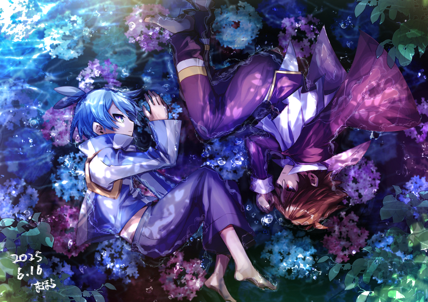 2boys aqua_eyes aqua_hair artist_name barefoot black_shorts blue_jacket brown_hair brown_pants cape child dated flower glasses jacket klug_(puyopuyo) leaf lying mahora_1122 male_focus multicolored_jacket multiple_boys on_side outdoors pants plant puyopuyo red_cape red_eyes short_hair shorts sig_(puyopuyo) signature strange_klug two-tone_jacket water white_jacket