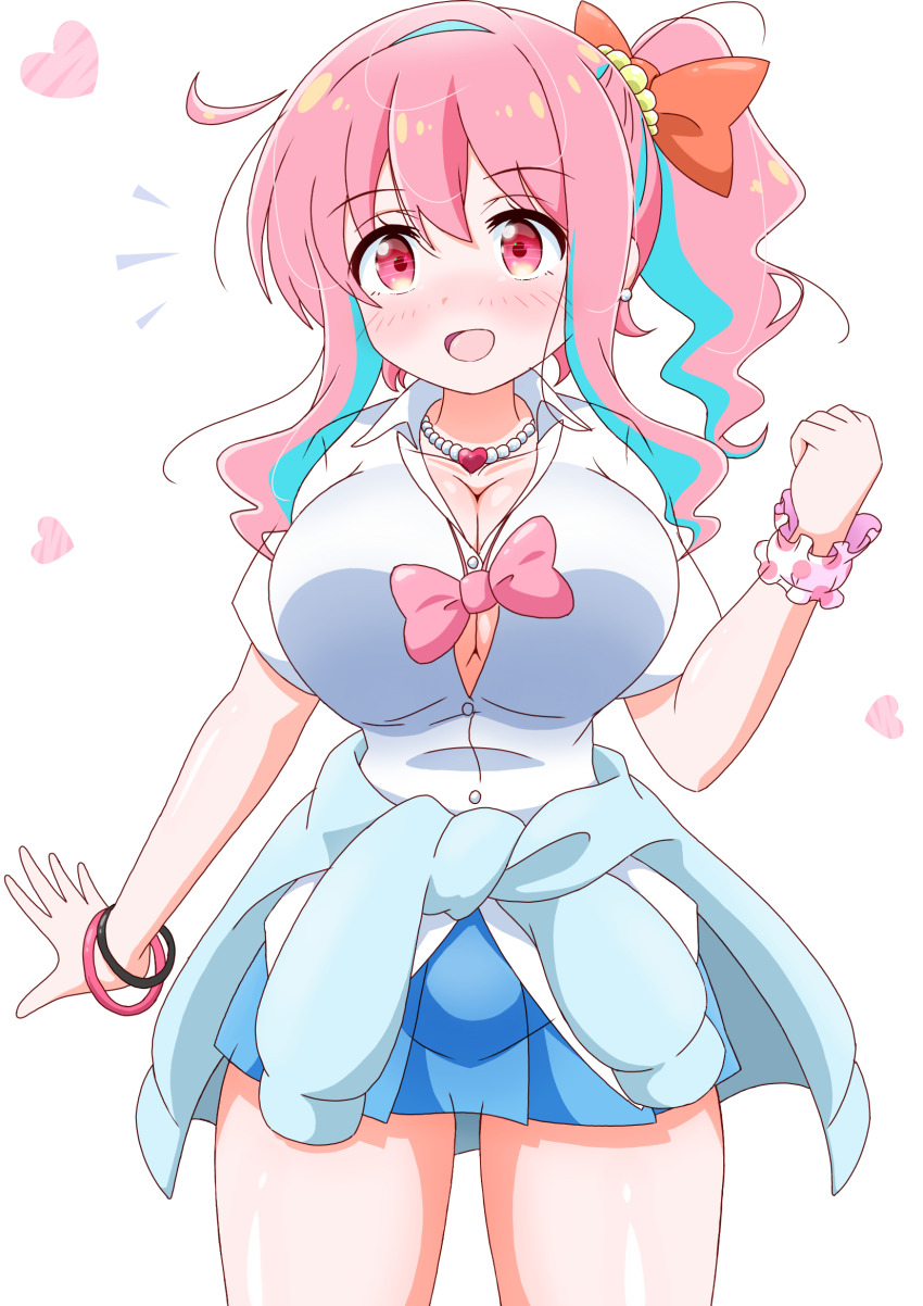 1girl bead_necklace beads blue_cardigan blue_hair blue_skirt bracelet breasts bursting_breasts cardigan cardigan_around_waist cleavage clenched_hand clothes_around_waist collarbone commentary_request gyaru hair_between_eyes hair_ribbon heart highres hozuki_kaede imai_kazunari jewelry large_breasts multicolored_hair necklace onii-chan_wa_oshimai! open_mouth pink_hair ponytail red_eyes ribbon school_uniform scrunchie shirt sidelocks simple_background skirt smile solo standing streaked_hair thighs two-tone_hair white_background white_shirt wrist_scrunchie