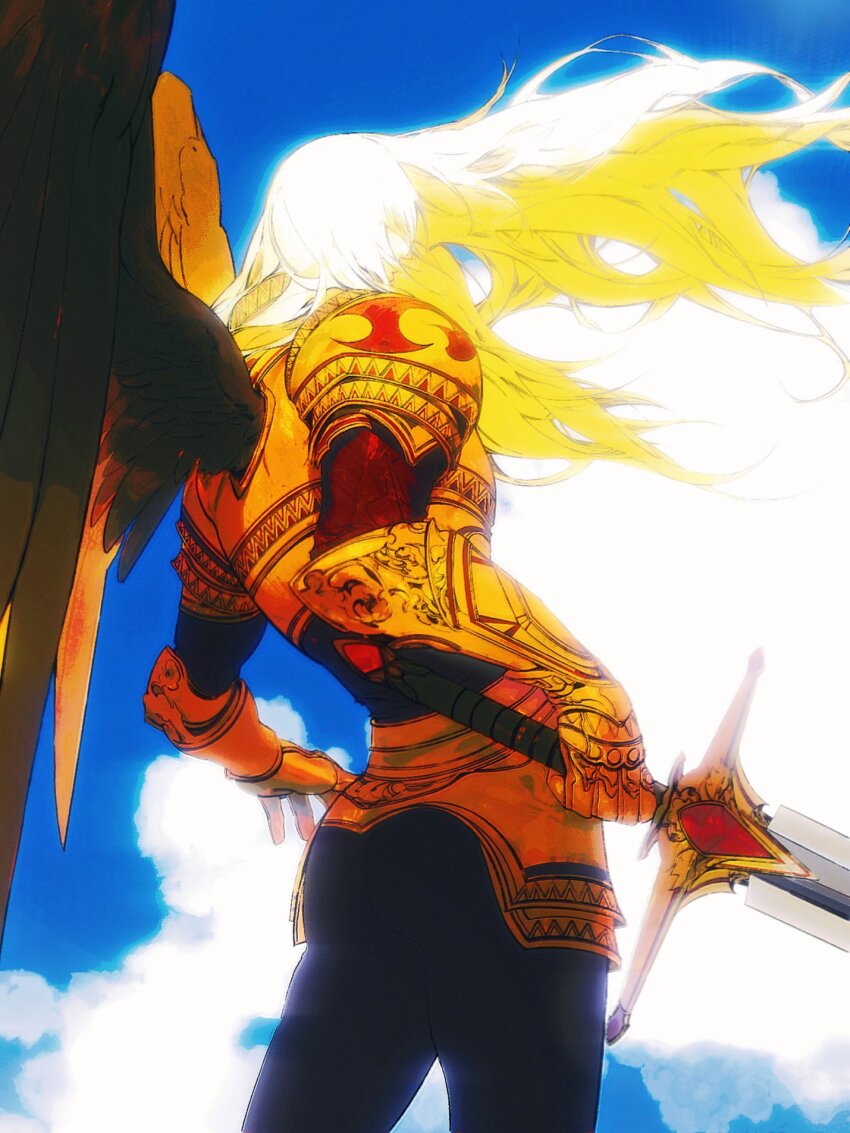 1girl angel_wings armor armored_gloves blonde_hair blue_sky chest_armor cloud feathered_wings floating_hair from_behind full_armor highres holding holding_sword holding_weapon jian_tai_(cuoyu0) kayle_(league_of_legends) league_of_legends light long_hair outdoors shoulder_armor sky solo sunlight sword weapon wings