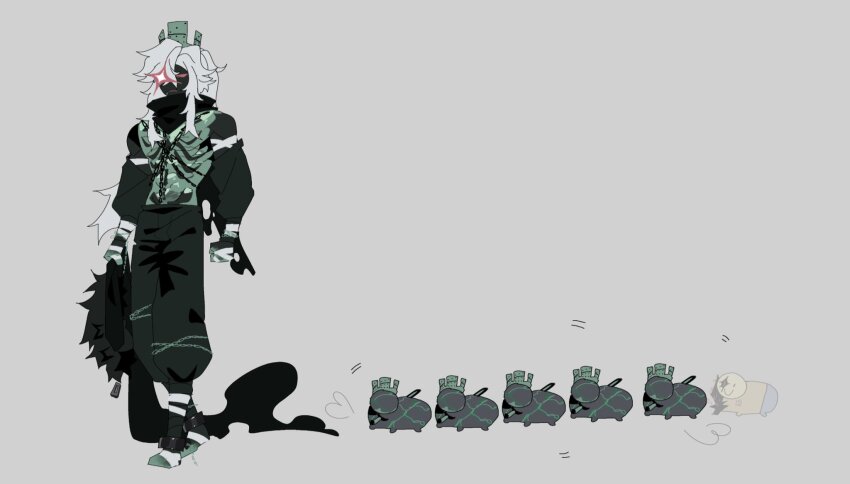 1other 1x1x1x1_(roblox) black_bandages black_pants black_skin clenched_teeth colored_sclera colored_skin crown cuffs forsaken_(roblox) full_body green_crown green_skin highres john_doe_(roblox) long_hair moanidraws pants ponytail red_sclera roblox see-through_body shackles sidelocks simple_background teeth very_long_hair white_background white_hair