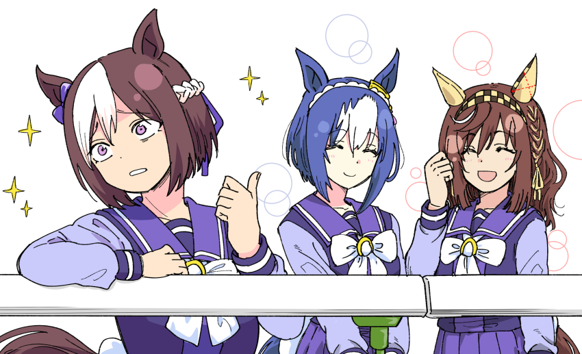 3girls animal_ears back_bow blue_hair bow bowtie braid brown_hair buena_vista_(umamusume) cesario_(umamusume) collarbone commentary crown_braid ear_bow fence hair_ribbon half_up_braid head_tilt highres horse_ears horse_girl horse_tail long_sleeves medalist_(manga) meme multiple_girls pointing_with_thumb purple_bow purple_eyes purple_ribbon purple_sailor_collar purple_shirt ribbon sailor_collar sanpaku scene_reference school_uniform shirt short_hair smug_inori_(meme) sparkle special_week_(umamusume) taguchi_kenji_(omaep) tail tracen_school_uniform umamusume upper_body v_arms white_bow white_bowtie white_hair winter_uniform