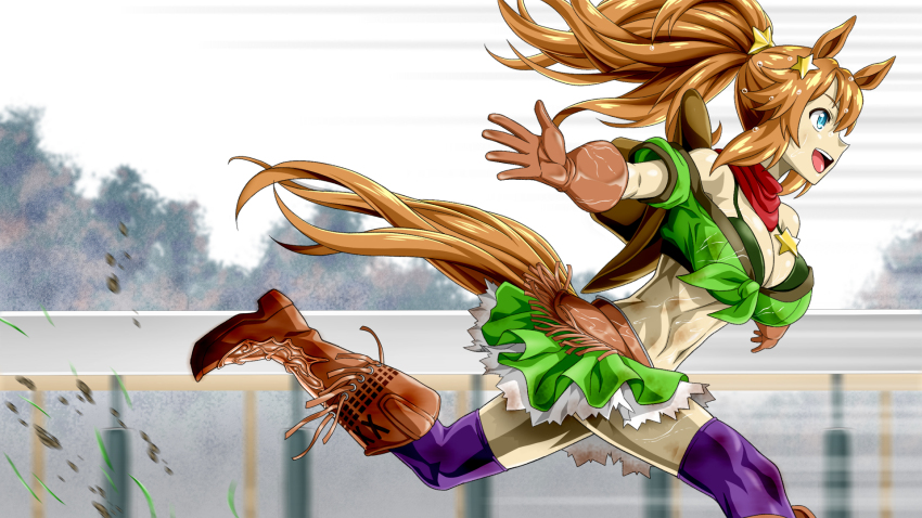 1girl :d animal_ears bandana bandeau blue_eyes boots breasts brown_gloves brown_hair cleavage from_side gloves green_bandeau hair_ornament hat_on_back highres horse_ears horse_girl horse_racing_track horse_tail kitsutsuki_(dzgu4744) large_breasts open_mouth outstretched_arms ponytail purple_thighhighs red_bandana running smile solo star_(symbol) star_hair_ornament taiki_shuttle_(umamusume) tail textless_version thighhighs umamusume