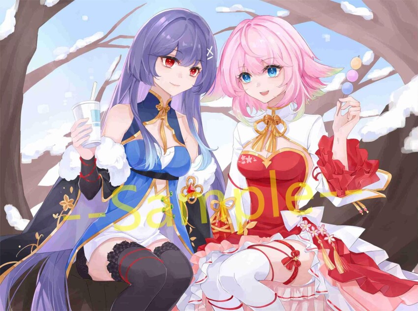 2girls :d alternate_costume bare_shoulders blue_eyes blue_sky breasts china_dress chinese_clothes cleavage closed_mouth cup dango dress drink english_text food gradient_hair green_hair hair_between_eyes hair_flaps hair_ornament highres holding holding_cup holding_drink holding_food jinan_(warship_girls_r) long_hair long_sleeves multicolored_hair multiple_girls nihongdengxiade_mcvvv0v0 open_mouth outdoors pink_hair purple_hair red_dress red_eyes sample_watermark sanshoku_dango short_hair sitting sky sleeveless sleeveless_dress smile snow thighhighs tree wagashi warship_girls_r watermark white_dress yingtan_(warship_girls_r)