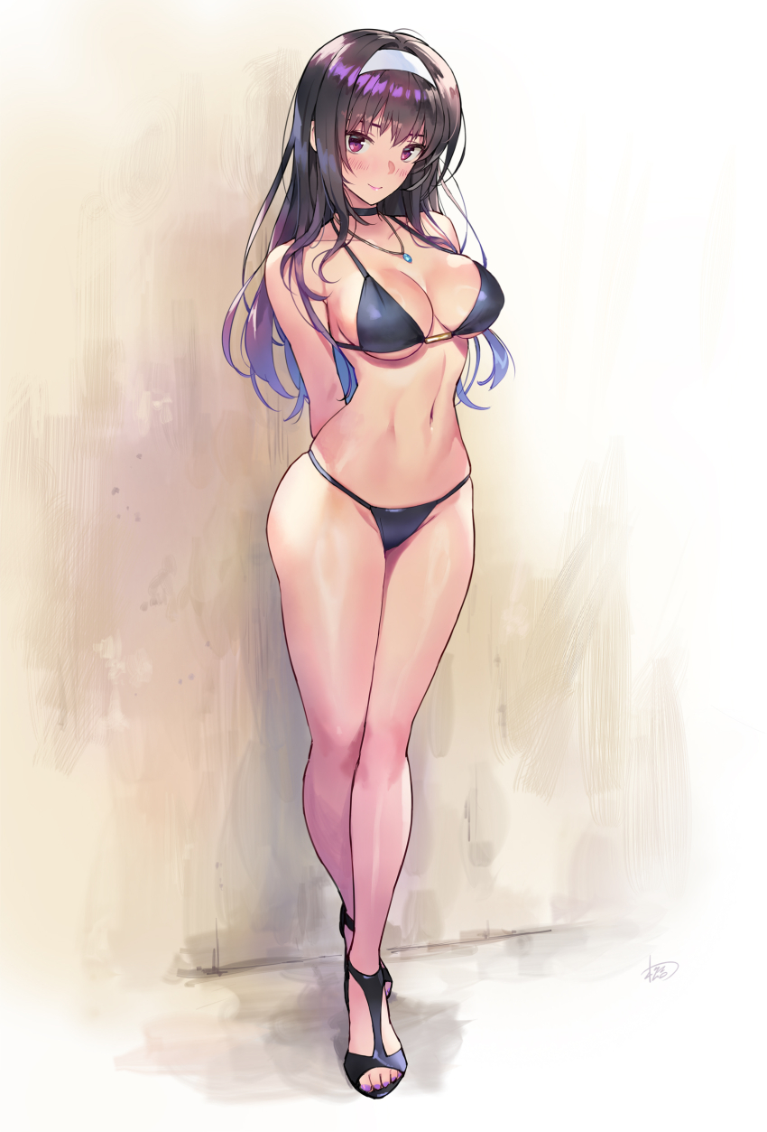 1girl absurdres arms_behind_back bare_legs bikini black_bikini black_choker black_hair black_sandals blue_gemstone blue_hair blush breasts choker closed_mouth commentary_request dated feet full_body gem gradient_hair hair_between_eyes hairband highres jewelry kasumigaoka_utaha large_breasts legs long_hair looking_at_viewer matsuda_(matsukichi) multicolored_hair nail_polish navel necklace purple_eyes purple_hair purple_nails revision saenai_heroine_no_sodatekata sandals smile solo standing stomach string_bikini swimsuit thighs toenail_polish toenails toes underboob very_long_hair white_hairband