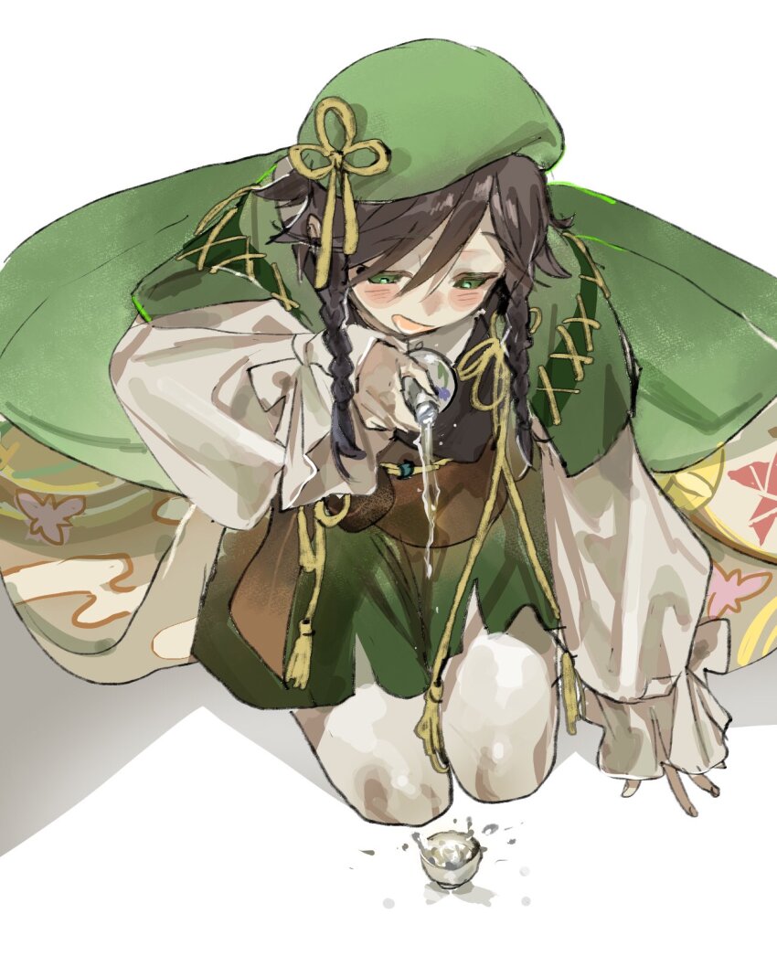 1boy bard beret black_hair blush bottle braid cape collared_cape cup genshin_impact green_cape green_eyes green_hat hat highres holding holding_bottle kneeling long_sleeves male_focus meameeea open_mouth pouring short_hair_with_long_locks solo suikou_(genshin_impact) twin_braids venti_(genshin_impact) wide_sleeves