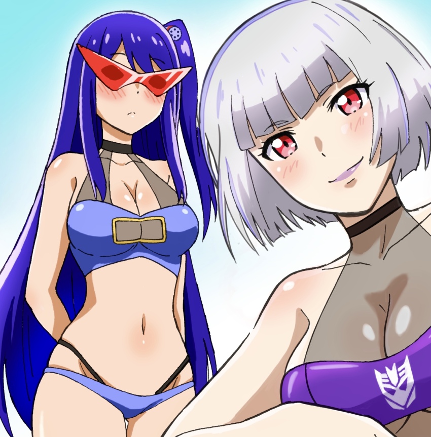 2girls bikini blue_bikini blue_hair blush breasts collarbone frown genderswap genderswap_(mtf) grey_hair halterneck highres humanization kamina_shades komagoma kotobukiya_bishoujo long_hair medium_breasts megatron megatron_(kotobukiya_bishoujo) multiple_girls navel one_side_up purple_bikini purple_nails red_eyes short_hair smile soundwave_(transformers) swimsuit transformers very_long_hair