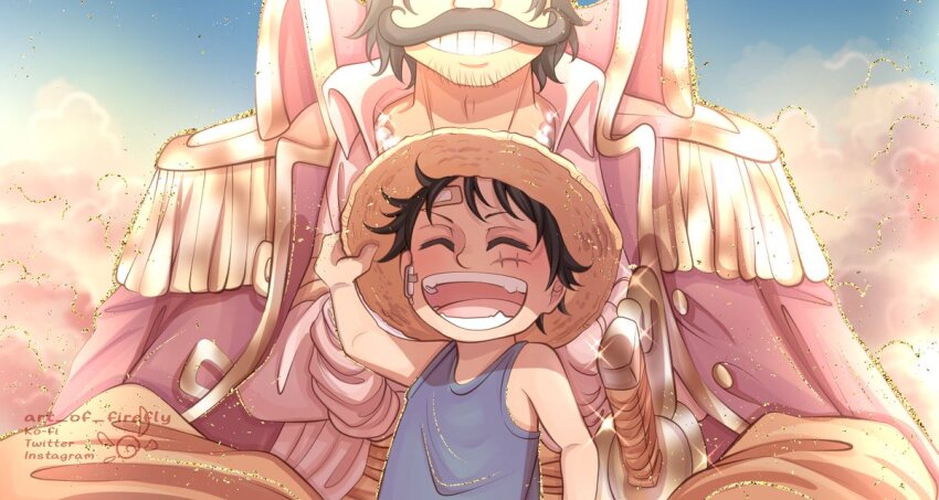 2boys ^_^ aged_down art-of-firefly bandaid bandaid_on_face black_hair child closed_eyes collared_coat commentary crossed_arms day english_commentary epaulettes facial_hair from_below gol_d._roger hand_on_headwear hat male_focus monkey_d._luffy multiple_boys mustache one_piece orange_sash outdoors scene_reference sitting sky smile straw_hat sword tank_top weapon