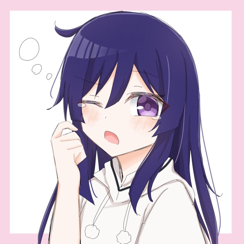 1girl arm_at_side assault_lily blue_hair blush border commentary drawstring hair_between_eyes hand_up highres hood hood_down hooded_shirt itou_shizu_(assault_lily) long_hair looking_at_viewer one_eye_closed open_mouth outside_border pink_border pom_pom_(clothes) portrait purple_eyes sana_(hs_yp1) shirt short_sleeves simple_background sleepy solo squeans tearing_up white_background white_shirt yawning
