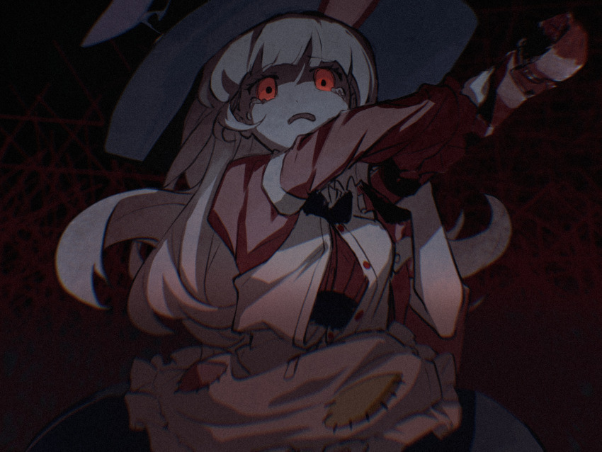 1girl animal_ears animal_hat apron club club_(weapon) crying crying_with_eyes_open glowing glowing_eyes hat highres holding holding_weapon horror_(theme) irisu_kyouko irisu_shoukougun! long_hair long_sleeves looking_at_viewer open_mouth pink_shirt rabbit_ears red_background red_eyes ryuh_(asahina_neru) shirt solo spiked_club tears upper_body weapon white_apron white_hair witch_hat