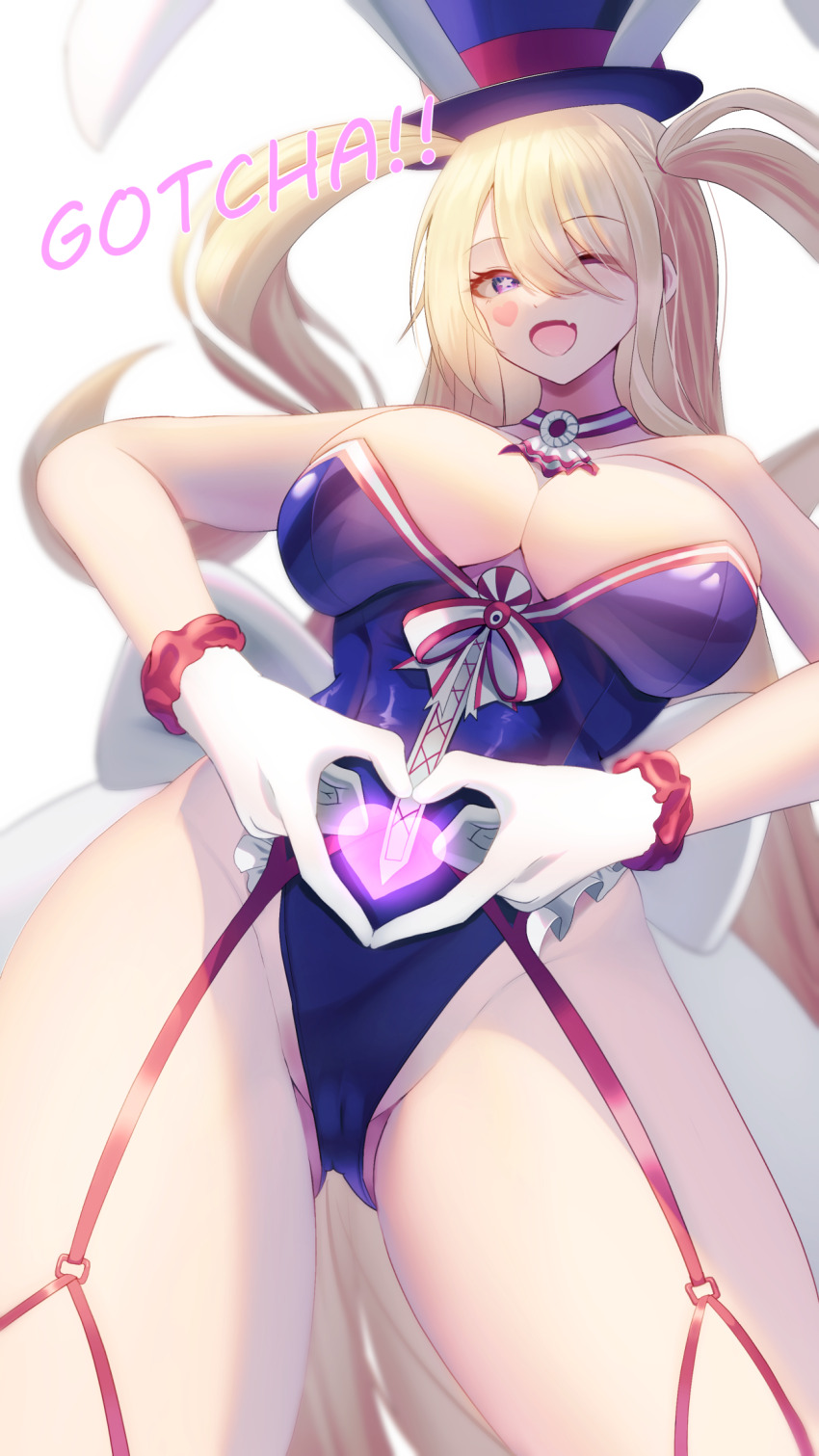 ! +_+ 1girl ;d absurdly_long_hair animal_ears azur_lane bare_arms bare_shoulders blonde_hair blue_eyes blue_leotard bow breasts cameltoe choker cleavage commentary_request contrapposto cowboy_shot dot_nose ears_through_headwear english_text facial_mark fake_animal_ears fang garter_straps gloves gluteal_fold groin guam_(azur_lane) guam_(stage-setting_charmer)_(azur_lane) hat heart heart_hands highleg highleg_leotard highres leotard long_hair looking_at_viewer official_alternate_costume one_eye_closed open_mouth parted_bangs playboy_bunny shadow simple_background smile solo sparkling_eyes strapless strapless_leotard tako-san_wiener_(takosanuma) top_hat twintails very_long_hair white_background white_bow white_gloves