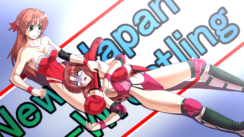 2girls asphyxiation bare_shoulders blue_eyes boots bow breasts brown_hair cleavage corey_sniper corset defeat elbow_pads foaming_at_the_mouth hair_bow knee_pads leotard long_hair multiple_girls mutou_megumi open_mouth rigid rolling_eyes ryona saliva smile strangling submission tears unconscious wrestle_angels wrestling wrestling_outfit wrestling_ring wristband