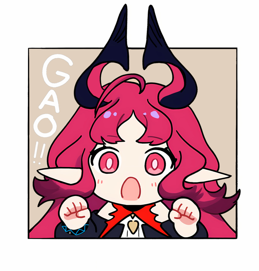 1girl :o ahoge arknights border bright_pupils chibi chibi_only commentary english_commentary gao highres infection_monitor_(arknights) long_hair looking_at_viewer lucia_(luciatehe) no_nose nymph_(arknights) open_mouth outside_border paw_pose pink_eyes pink_hair pointy_ears solo sound_effects split_mouth white_border white_pupils