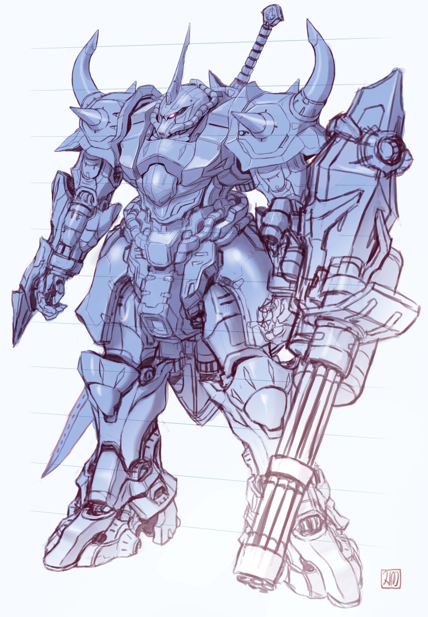 absurdres cable commentary_request gatling_gun gouf gouf_custom gundam gundam_08th_ms_team highres hose machinery maeda_hiroyuki mecha mecha_focus mobile_suit no_humans one-eyed original redesign robot science_fiction shoulder_spikes signature sketch spikes sword tube unfinished weapon white_background zeon