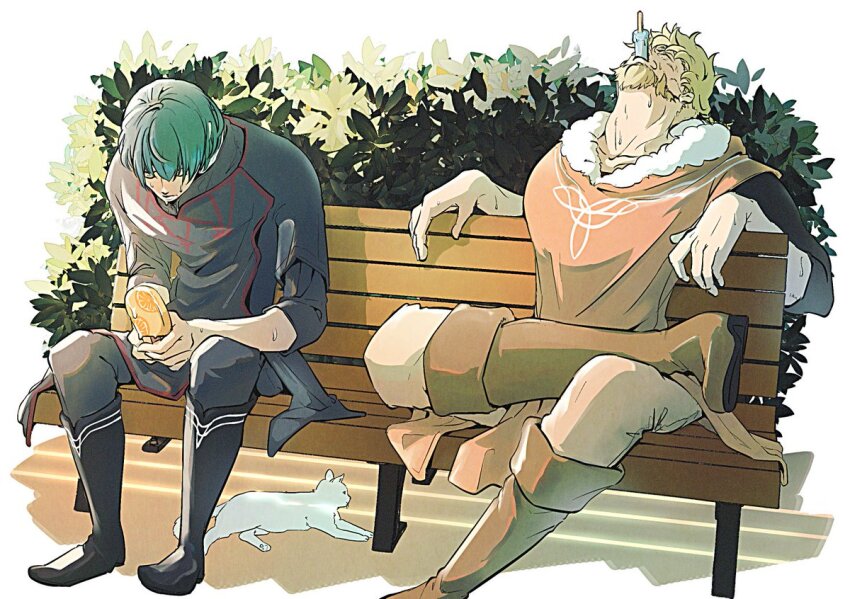 2boys arms_up beard bench black_cape black_capelet black_footwear black_pants black_shirt blonde_hair boots brown_footwear bush male_byleth_(fire_emblem) cape capelet cat commentary crossed_legs curled_fingers facial_hair father_and_son figure_four_sitting fire_emblem fire_emblem:_three_houses food food_in_mouth fur-trimmed_shirt fur_trim green_hair head_back holding holding_food holding_popsicle hot hunched_over jeralt_reus_eisner layered_clothes leaning_back long_sleeves lying male_focus mature_male multiple_boys nintendo on_stomach orange_tunic pants popsicle shirt simple_background sitting summer sweat sweatdrop thigh_boots tunic un_faro white_background white_cat white_fur white_pants
