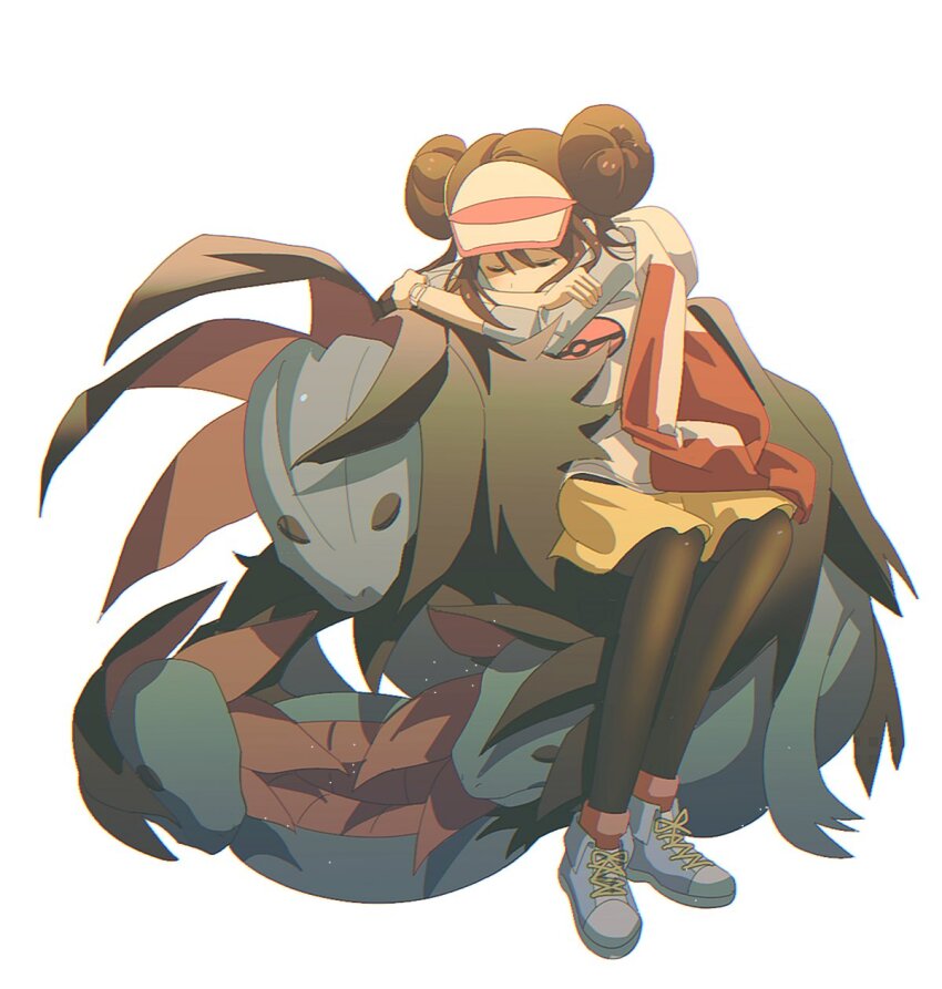 1girl black_pantyhose breasts brown_hair donut_hair_bun double_bun dragon gen_5_pokemon hair_bun hat highres hydreigon jacket kkodle2 long_hair multiple_heads nintendo pantyhose pantyhose_under_shorts poke_ball_print pokemon pokemon_(creature) pokemon_bw2 raglan_sleeves rosa_(pokemon) shirt shoes shorts simple_background sleeping sneakers twintails visor_cap yellow_shorts