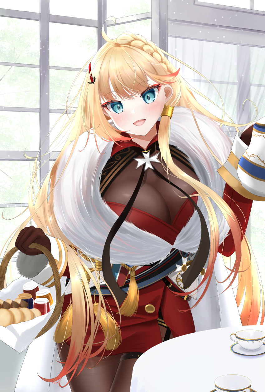 1girl absurdres azur_lane basket blonde_hair blue_eyes bodystocking breasts brown_gloves cleavage gloves gold_trim gradient_hair highres holding holding_basket holding_kettle howe_(azur_lane) indoors jacket kettle large_breasts looking_at_viewer maltese_cross medal miniskirt multicolored_hair open_mouth orange_hair red_jacket red_skirt round_table see-through_cleavage see-through_clothes skirt solo table tea_set thigh_strap tsuri_pi window