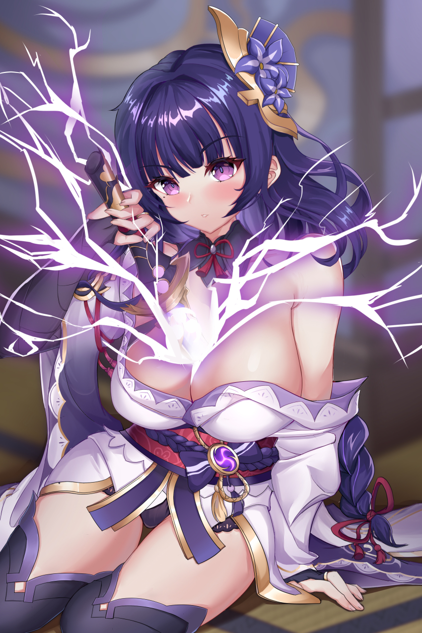 1girl absurdres angry arm_support armor armpit_crease bare_shoulders black_panties blurry blurry_background blush boots braid breasts bridal_gauntlets chinese_commentary cleavage collarbone commentary drawing_sword electricity eyelashes fan_hair_ornament floral_print flower genshin_impact glowing glowing_sword glowing_weapon hair_ornament hand_up highres holding holding_sword holding_weapon human_scabbard japanese_clothes kimono large_breasts long_hair long_sleeves looking_at_viewer low-braided_long_hair low-tied_long_hair mitsudomoe_(shape) mole mole_under_eye musou_isshin_(genshin_impact) mz_(yeye_ai_chipao_mian) neck_ribbon obi obiage obijime off_shoulder panties purple_boots purple_eyes purple_flower purple_hair purple_kimono raiden_shogun red_ribbon ribbon sash shiny_skin short_kimono shy sidelocks sitting solo sword sword_between_breasts tassel tatami thigh_boots thighhighs tomoe_(symbol) underwear very_long_hair weapon wide_sleeves yokozuwari