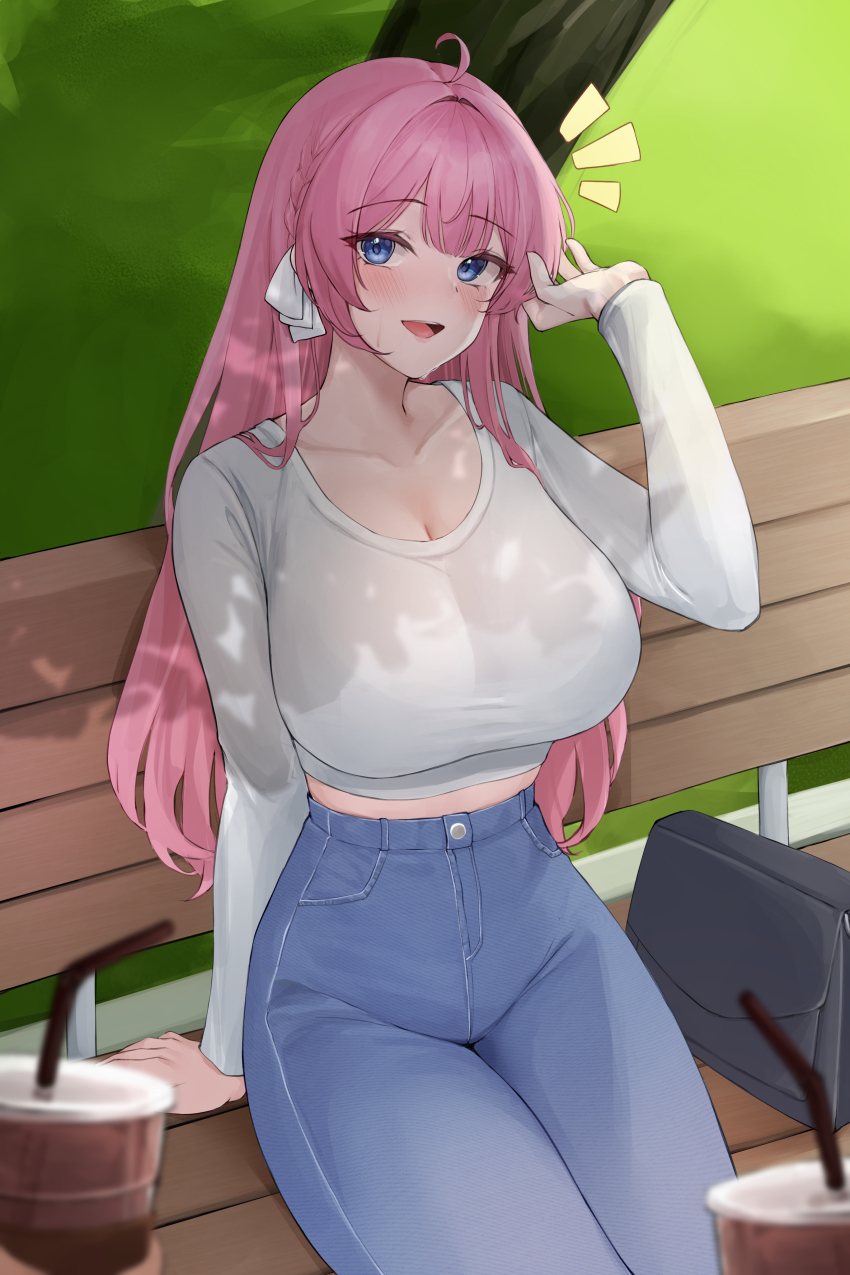1girl 1other absurdres ahoge arm_support bag bench benedia black_bag blue_eyes blue_pants blush braid breasts cleavage collarbone commentary_request denim drink drinking_straw giving hand_in_own_hair hand_up handbag high-waist_pants highres jeans large_breasts long_hair long_sleeves looking_at_viewer notice_lines on_bench open_mouth original outdoors pants park_bench pink_hair see-through_cleavage see-through_clothes shirt side_braid sitting smile sweat white_shirt