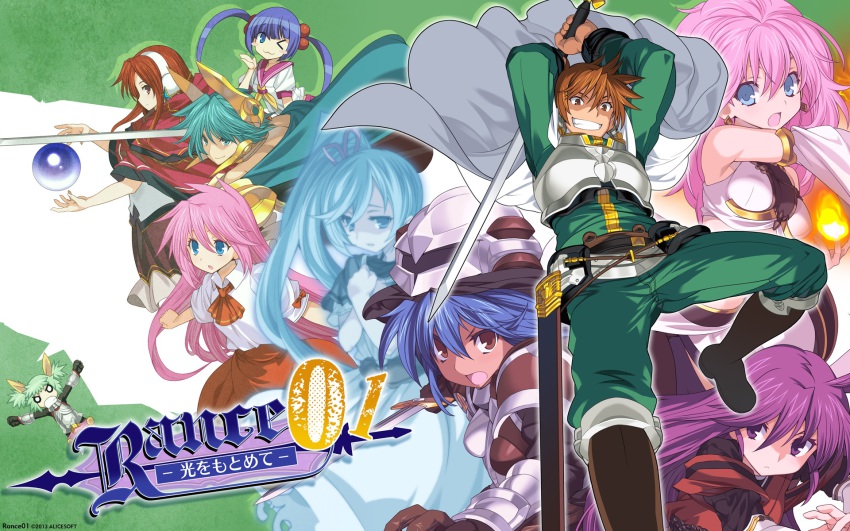 2boys 6+girls armor belt boots dress earrings gloves headdress headgear helmet highres jericho_choron jewelry kentou_kanami koushuuin_hazuki kurusu_miki lavender_(rance) menad_shisei menad_sisei multiple_boys multiple_girls onono_imoko rance rance01 rance_(series) rance_01 sheath sill_plain skirt sword weapon willis_(rance) willis_fujisaki yulang_mirage