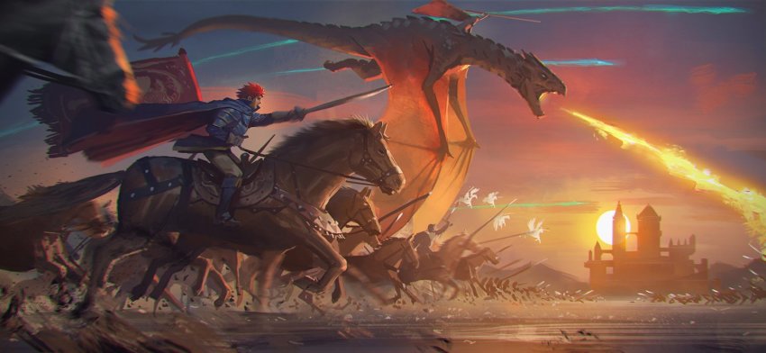 1boy armor army blurry breath_weapon breathing_fire cape castle charging_forward depth_of_field dragon eliwood_(fire_emblem) epic fire fire_emblem fire_emblem:_the_blazing_blade flag from_side holding holding_sword holding_weapon horse illustman_(u_ip8s) motion_blur nintendo open_mouth outdoors pegasus pegasus_knight_uniform_(fire_emblem) pointing_melee_weapon pointing_sword polearm red_hair riding saddle scenery short_hair solo_focus spear sun sunset sword tail war weapon wings wyvern