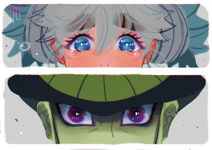 1boy 1girl arthropod_boy blue_eyes colored_skin eye_focus french-unicorn green_skin grey_background grey_hair hunter_x_hunter komugi_(hunter_x_hunter) looking_at_viewer meruem purple_eyes tears