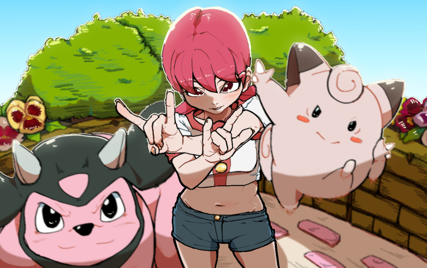1girl 2049_(hh5566) ahoge blush breasts clefairy clenched_hands clothes_lift day denim denim_shorts determined female_focus fingernails flower focused gen_1_pokemon gen_2_pokemon gym_leader hair_between_eyes hands_up long_hair looking_at_viewer low_twintails matching_hair/eyes medium_breasts midriff miltank nail_polish navel neck nintendo outdoors outstretched_arms park parted_lips pink_eyes pink_hair pink_nails pokemon pokemon_(creature) pokemon_hgss shirt shirt_lift short_sleeves shorts standing stomach t-shirt thighs twintails whitney_(pokemon)