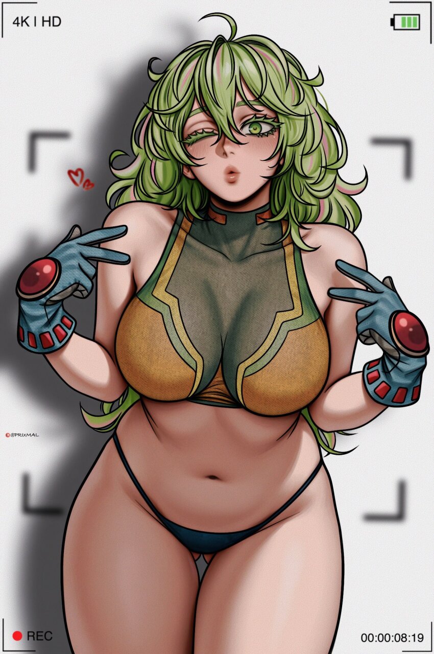 1girl ai-assisted bare_shoulders black_panties black_shirt blue_gloves boku_no_hero_academia breasts cowboy_shot cropped_shirt gloves green_eyes green_hair grey_background hagakure_toru highres large_breasts medium_hair multicolored_hair one_eye_closed panties pink_hair prixmal puckered_lips recording shadow shirt simple_background solo streaked_hair two-tone_hair underwear