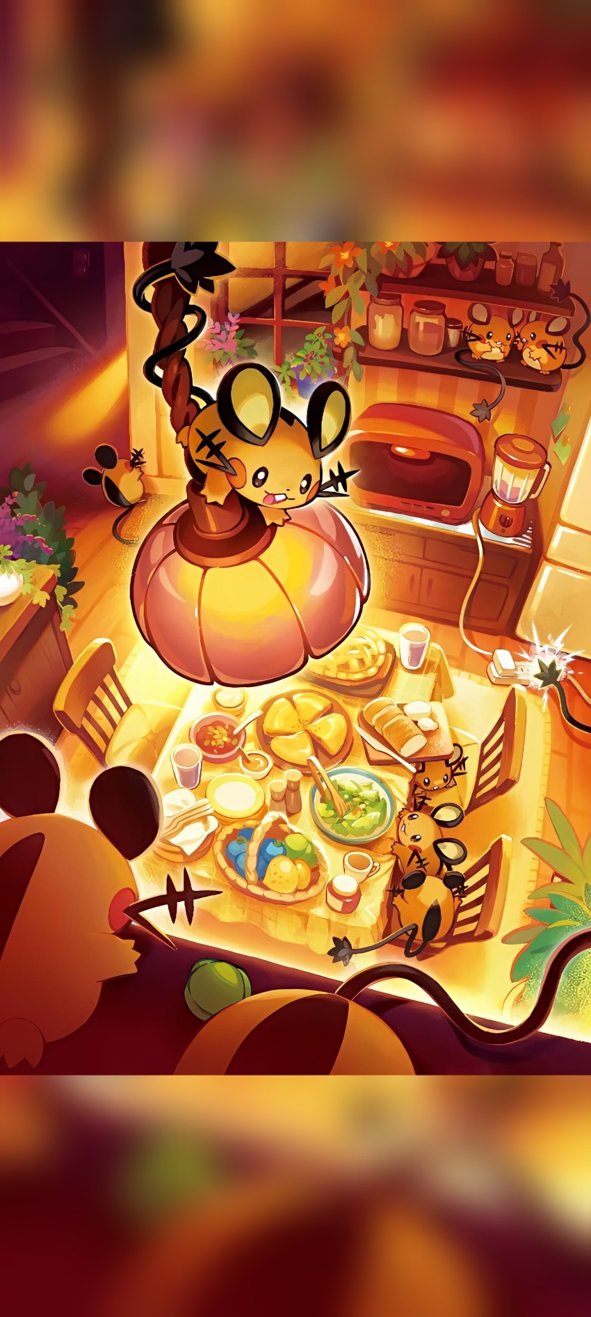 absurdres berry_(pokemon) blender_(object) chair cup dedenne electric_plug electricity flower food gen_6_pokemon highres kayama_taiga lamp nintendo no_humans non-web_source official_art pokemon pokemon_(creature) pokemon_tcg pokemon_tcg_pocket stairs tagme window