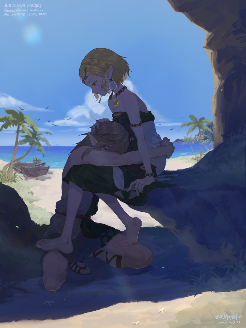 1boy 1girl absurdres archaic_set_(zelda) armlet barefoot beach blonde_hair blue_sky boat bracelet braid brown_hair circlet closed_mouth crown_braid day dress earrings full_body green_eyes green_tabard hand_on_another&#039;s_head highres hug jewelry link magatama magatama_necklace nature necklace nintendo ocean outdoors palm_tree pointy_ears princess_zelda sandals shadow short_hair sitting sky sphere_earrings squatting strapless strapless_dress tabard the_legend_of_zelda the_legend_of_zelda:_tears_of_the_kingdom tianyexiping tree waist_hug watercraft white_dress