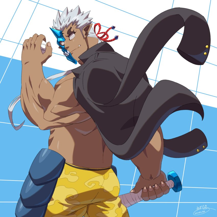 1boy absurdres aotaki_(aotk) back bara dark-skinned_male dark_skin feet_out_of_frame from_behind half_mask highres horned_mask jacket jacket_on_shoulders long_sideburns looking_at_viewer male_focus mask monster_boy muscular muscular_male no_pupils oni_mask pants short_hair shuten_douji_(housamo) sideburns solo tokyo_houkago_summoners tusks white_hair wind